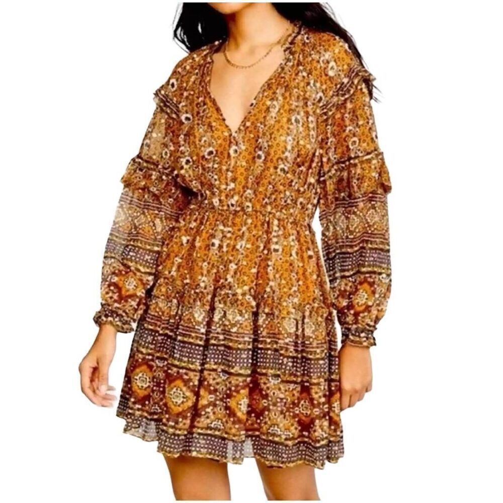 House of Harlow 1960 Boho Rust Gold Brown Ruffle TieredFloral Mini Dress Small